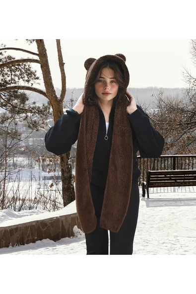Harika Peluş Fabrikası Pabtex Kapüşonlu Peluş Bere Atkı Welsoft Yumuşak Kumaş Sıcacık - Resim 2