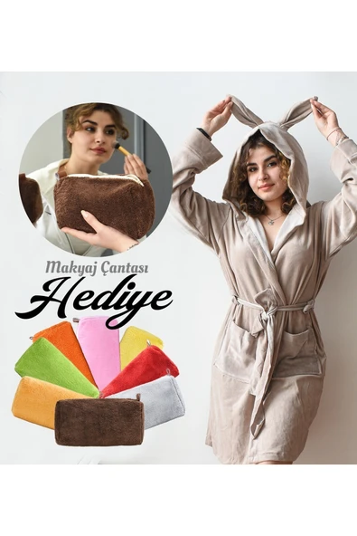Harika Peluş Fabrikası Pabtex Sevgiliye Özel Kadife Kumaş Sabahlık Kulaklı Bornoz Tasarımı - Makyaj Çanta ürün görseli
