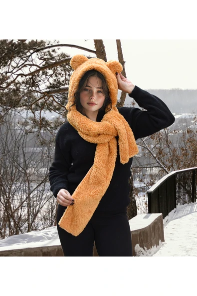 Harika Peluş Fabrikası Pabtex Kapüşonlu Peluş Bere Atkı Welsoft Yumuşak Kumaş Sıcacık - Resim 3