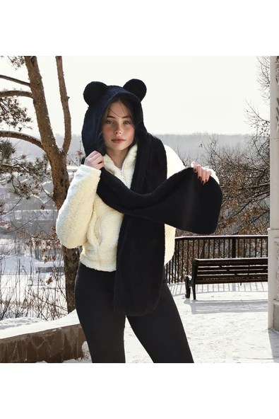 Harika Peluş Fabrikası Paptex Kapüşonlu Peluş Bere Atkı Welsoft Yumuşak Kumaş Sıcacık - Resim 3