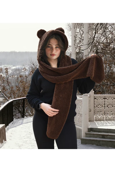Harika Peluş Fabrikası Pabtex Kapüşonlu Peluş Bere Atkı Welsoft Yumuşak Kumaş Sıcacık - Resim 3