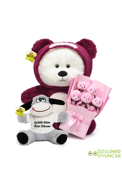 Ayıcı Oyuncak Sevgiliye Özel Hediye Seti – Uykumcuk 90 cm + Eşeklik ettim özür dilerim eşek + 5'li Mini Buket ürün görseli 1