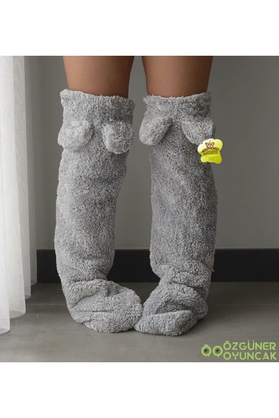 Harika Peluş Fabrikası Kulaklı Peluş Çorab Welsoft Diz Üstü Oda Çorabı Kışlık Uyku Çorabı Ayak Isıtıcı Uzun Çorap - Resim 6