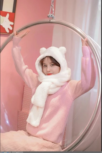 Pababo Paptex Kapüşonlu Peluş Bere Atkı Welsoft Yumuşak Kumaş Sıcacık - Resim 4