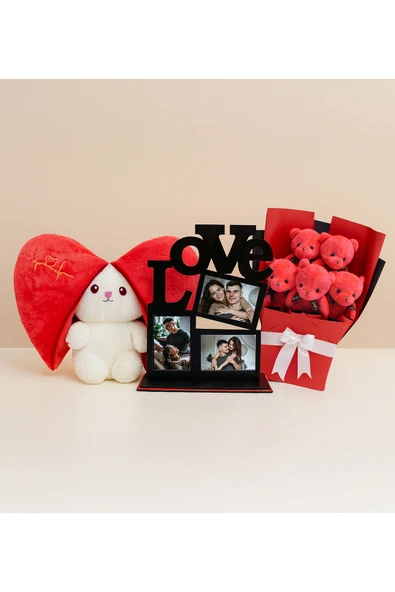 Pababo Sevgiliye Özel Hediye Seti – Kalpli Tavşan Peluş + Mini Ayıcık Buketi + LOVE Fotoğraf Çerçevesi ürün görseli 1