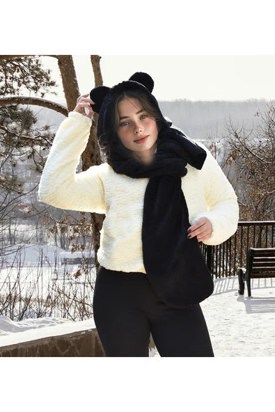 Harika Peluş Fabrikası Paptex Kapüşonlu Peluş Bere Atkı Welsoft Yumuşak Kumaş Sıcacık ürün görseli 1