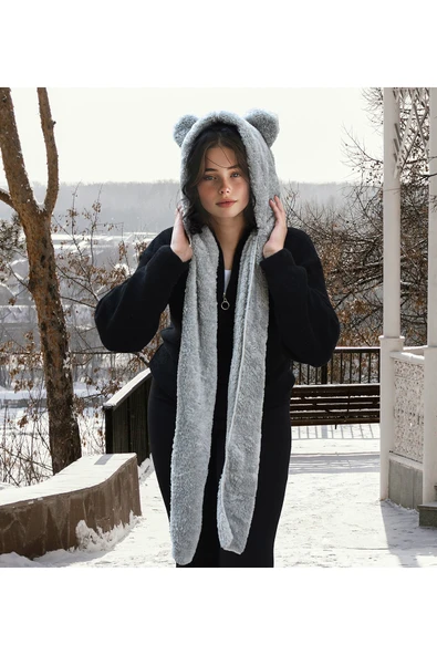 Pababo Pabtex Kapüşonlu Peluş Bere Atkı Welsoft Yumuşak Kumaş Sıcacık - Resim 2