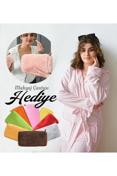 Harika Peluş Fabrikası Pabtex Sevgiliye Özel Kadife Kumaş Sabahlık Kulaklı Bornoz Tasarımı - Makyaj Çanta Hediyeli ürün görseli 1