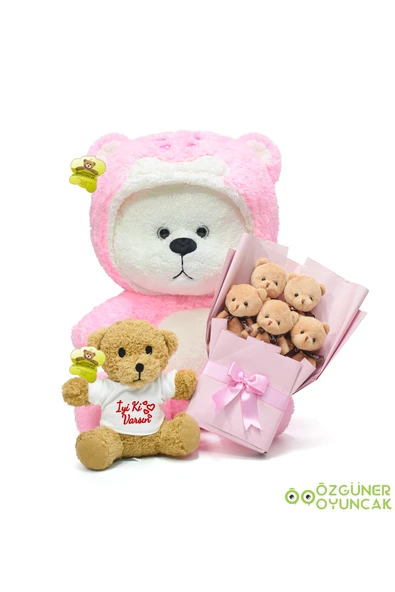 Özgüner Oyuncak Sevgiliye Anlamlı Hediye – 90 cm Peluş Uykumcuk + 5'li Ayıcık Buketi + 25 cm İyi ki varsın ayıcık ürün görseli 1