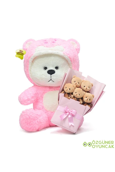 Ayıcı Oyuncak Sevgiliye Unutulmaz Sürpriz – Uykumcuk Ayı 90 cm ve 5'li Peluş Buketli Hediye Seti ürün görseli 1
