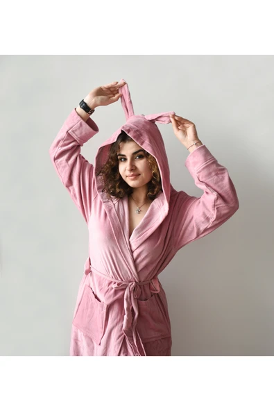 Harika Peluş Fabrikası Pabtex Sevgiliye Özel Kadife Kumaş Sabahlık Kulaklı Bornoz Tasarımı - Makyaj Çanta Hediyeli - Resim 4