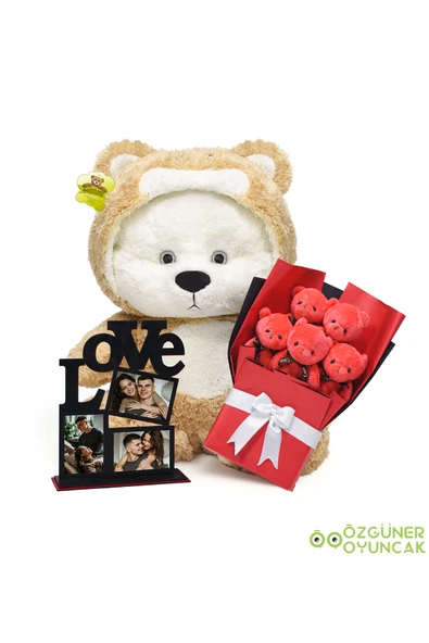 Ayıcı Oyuncak Sevgililer Günü Hediyesi – 90 cm Uykumcuk Ayıcık, Mini Buket ve Dekoratif Çerçeve ürün görseli 1