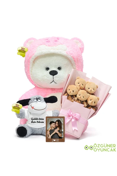 Ayıcı Oyuncak Sevgiliye Barışma Hediyesi – 90 cm Ayı + Eşeklik ettim özür dilerim eşek + 5'li Buket + Çerçeve - Resim 2