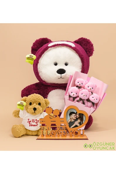 Ayıcı Oyuncak Romantik Sürpriz – 90 cm Uykumcuk Ayıcık + 5'li Mini Buket + Çerçeve + 25 cm İyi ki varsın ayıcık ürün görseli 1