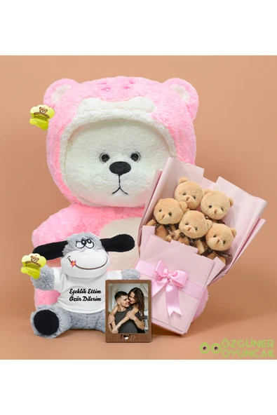 Özgüner Oyuncak Sevgiliye Barışma Hediyesi – 90 cm Ayı + Eşeklik ettim özür dilerim eşek + 5'li Buket + Çerçeve ürün görseli