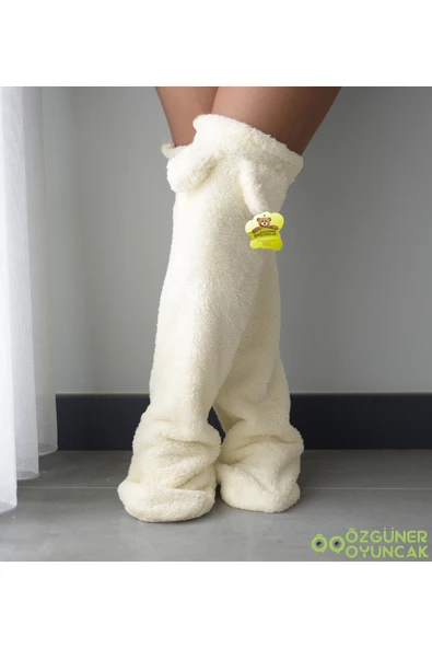 Harika Peluş Fabrikası Pabtex Kulaklı Peluş Çorab Welsoft Diz Üstü Oda Çorabı Kışlık Uyku Çorabı Ayak Isıtıcı Uzun Çorap - Resim 5