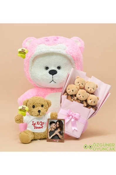 Özgüner Oyuncak Romantik Sürpriz – 90 cm Uykumcuk Ayıcık + 5'li Mini Buket + Çerçeve + 25 cm İyi ki varsın ayıcık ürün görseli