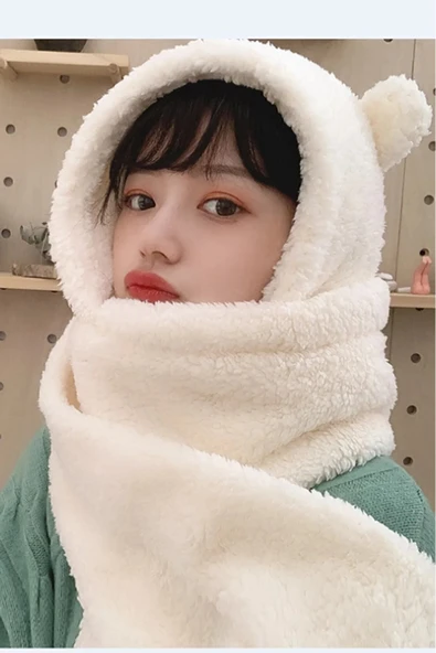 Harika Peluş Fabrikası Paptex Kapüşonlu Peluş Bere Atkı Welsoft Yumuşak Kumaş Sıcacık - Resim 2