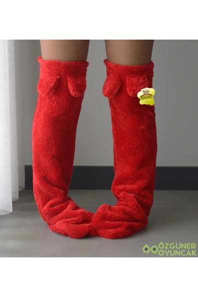 Harika Peluş Fabrikası Kulaklı Peluş Çorab Welsoft Diz Üstü Oda Çorabı Kışlık Uyku Çorabı Ayak Isıtıcı Uzun Çorap - Resim 6