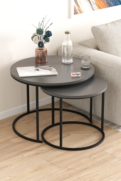 Bofigo 2li Orta Sehpa Zigon Sehpa Yan Sehpa Kahve Sehpası Hilal Antrasit - Resim 5