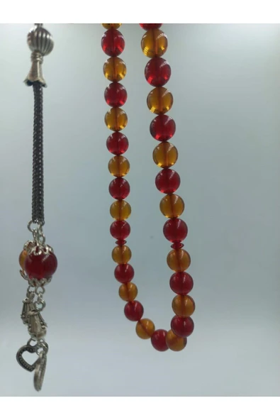 Küre Kesim Alpaka Püskül Kırmızı Sarı Kehribar Tespih (Ahşap Kutulu) - Resim 3