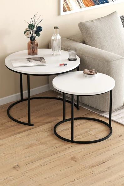 Bofigo 2li Orta Sehpa Zigon Sehpa Yan Sehpa Kahve Sehpası Hilal Beyaz - Resim 2