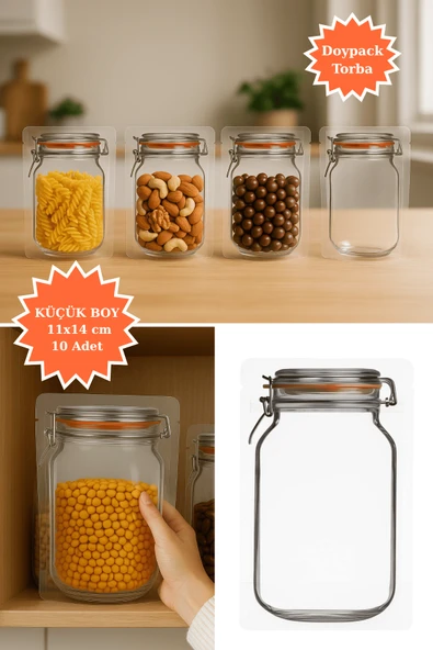 Elit Kavanoz Tasarım Kilitli Şeffaf Doypack Kahve Kuruyemiş Bakliyat Saklama Torbası 11x14 cm 10Lu ürün görseli