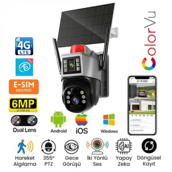 OKAM 7015 4G 6mp Dual Lens Güneş Panelli Solar Sirenli Güvenlik Kamerası ürün görseli