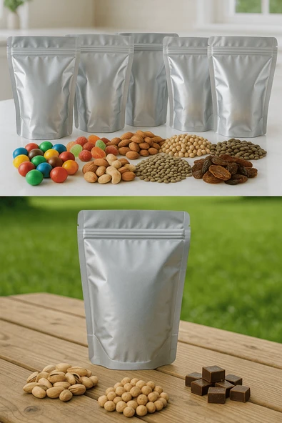 Kilitli Alüminyum Doypack Kahve Kuruyemiş Bakliyat Kedi Köpek Kuş Yemi Saklama Torbası 20x30 cm 25Li - Resim 3