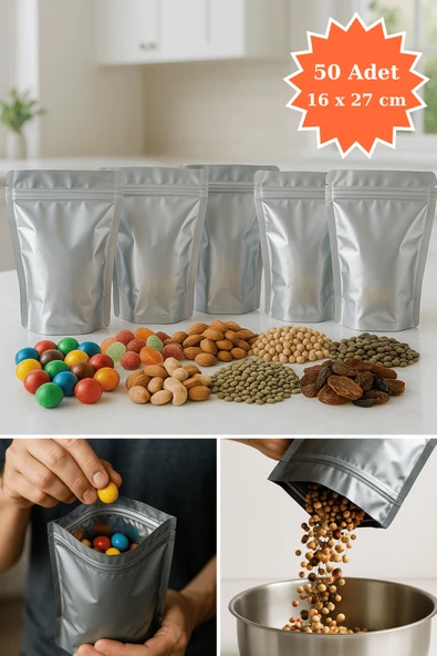 Kilitli Alüminyum Doypack Kahve Kuruyemiş Bakliyat Kedi Köpek Kuş Yemi Saklama Torbası 16x27 cm 50Li ürün görseli 1