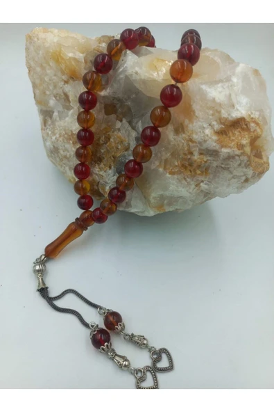 Küre Kesim Alpaka Püskül Kırmızı Sarı Kehribar Tespih (Ahşap Kutulu) - Resim 4