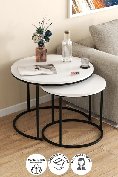 Bofigo 2li Orta Sehpa Zigon Sehpa Yan Sehpa Kahve Sehpası Hilal Beyaz ürün görseli