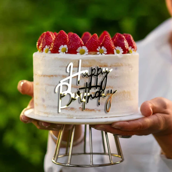 Pasta Önü Plexi Happy Birthday Yazı Gold 10x7 Cm ürün görseli