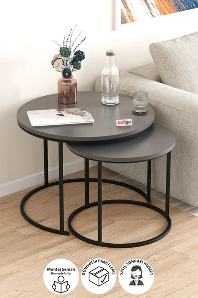 Bofigo 2li Orta Sehpa Zigon Sehpa Yan Sehpa Kahve Sehpası Hilal Antrasit ürün görseli
