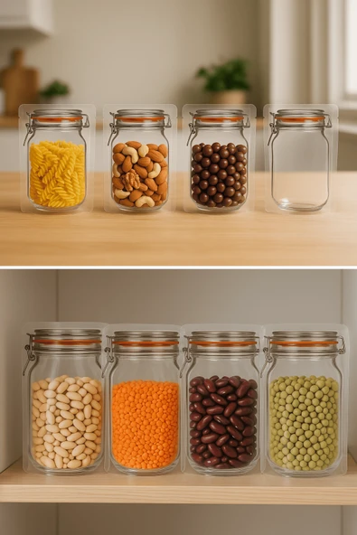 Elit Kavanoz Tasarım Kilitli Şeffaf Doypack Kahve Kuruyemiş Bakliyat Saklama Torbası 17x27 cm 20Li - Resim 4