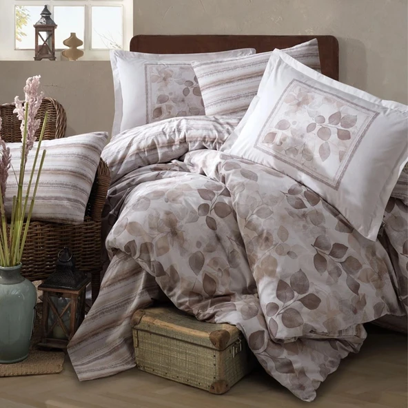 Clasy Ranforce %100 Pamuk Çift Kişilik Nevresim Takımı Semeran V1 Bej - Resim 2