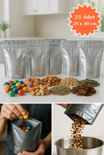 Kilitli Alüminyum Doypack Kahve Kuruyemiş Bakliyat Kedi Köpek Kuş Yemi Saklama Torbası 20x30 cm 25Li ürün görseli