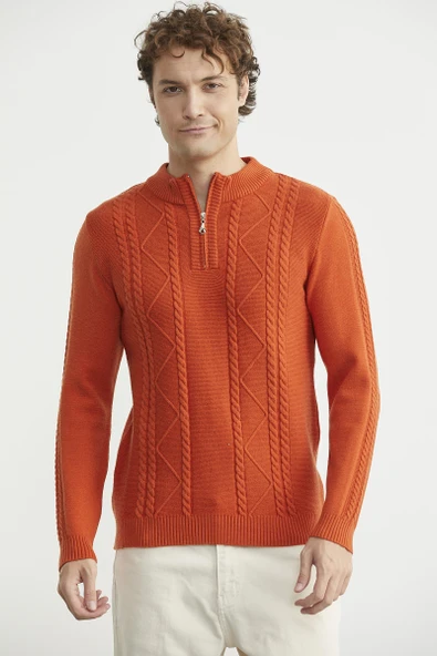 Yarım Fermuarlı Dik Yaka Triko Kazak - Oranj ürün görseli