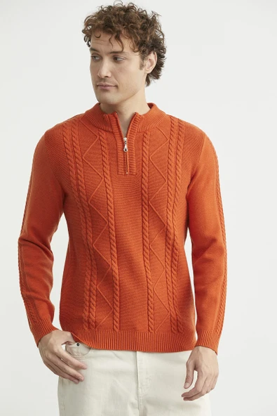 Yarım Fermuarlı Dik Yaka Triko Kazak - Oranj - Resim 4