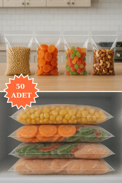 Kilitli Şeffaf Saklama Torbası Buzdolabı Gıda Çerez Bakliyat Kına Hediyelik Poşet 29,5x23 cm 50 Adet ürün görseli 1