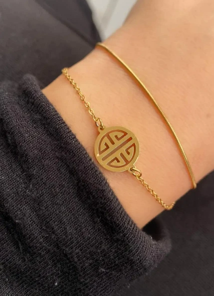Altın Renk İkili Zincir Detaylı Çelik Bileklik ürün görseli 1