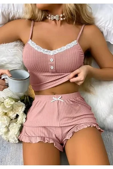 Kadın Pudra Dantel Detaylı Şortlu Gecelik Pijama Takımı 5015 ürün görseli 1