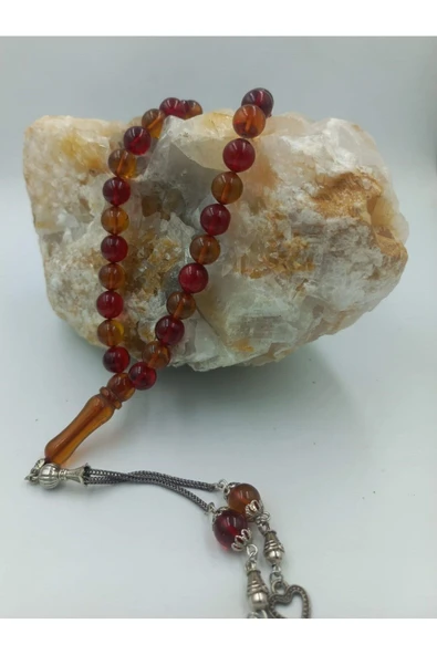 Küre Kesim Alpaka Püskül Kırmızı Sarı Kehribar Tespih (Ahşap Kutulu) - Resim 5