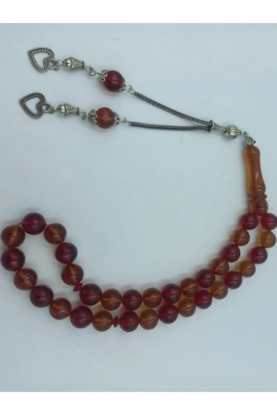 Küre Kesim Alpaka Püskül Kırmızı Sarı Kehribar Tespih (Ahşap Kutulu) ürün görseli