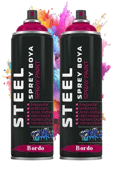 Bordo Sprey Boya 200 ml 2 Adet Hızlı Kuruyan Profesyonel Ahşap Plastik Demir Metal Cam Porselen Duvar Renkli ürün görseli