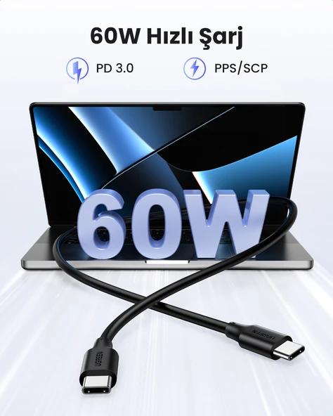 UGREEN USB-C 60W 3A QC PD Hızlı Şarj Kablosu, 0,5 Metre, Siyah, 50996 - Resim 10
