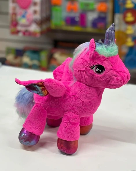 Oyuncak Peluş Kanatlı Unicorn Tek Boynuzlu At Fuşya Koyu Pembe 30 CM ürün görseli 1
