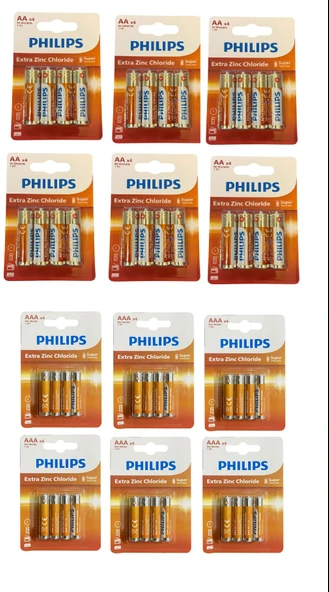 Philips kalem ve ince pil - 48 li extra çinko 2 boy pil 4x6=24 adet ürün görseli