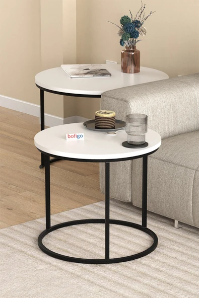 2li Orta Sehpa Zigon Sehpa Yan Sehpa Kahve Sehpası Hilal Beyaz - Resim 3