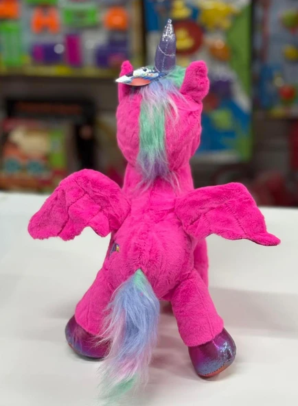Oyuncak Peluş Kanatlı Unicorn Tek Boynuzlu At Fuşya Koyu Pembe 30 CM - Resim 3
